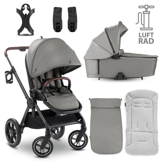 Hauck Combi Stroller Comfort N Care Air Set - incl. carrycot, sports seat, leg cover, seat pad and cupholder - Dark Grey