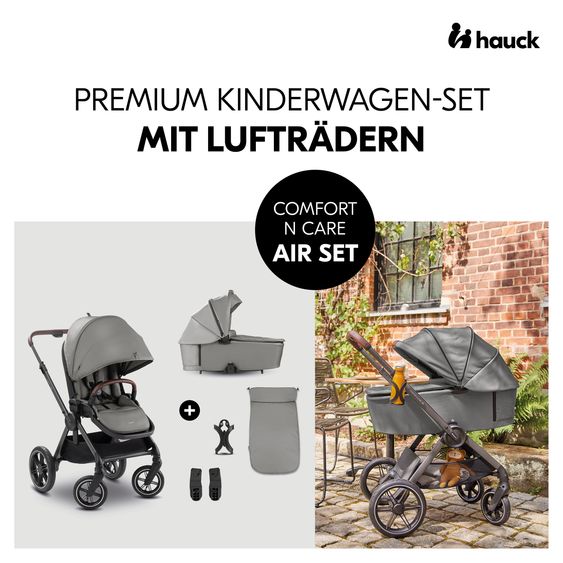Hauck Combi Stroller Comfort N Care Air Set - incl. carrycot, sports seat, leg cover, seat pad and cupholder - Dark Grey