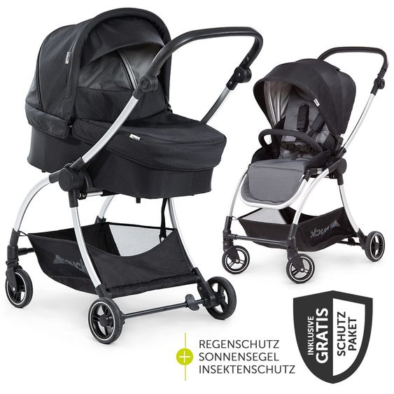 Hauck Kombi-kinderwagen Eagle 4S Duoset inkl. Sportwagen, Babywanne, Beindecke und XXL Zubehörpaket - Black Grey