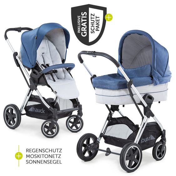 Hauck Kombi-Kinderwagen Mars Duoset inkl. Sportwagen & Babywanne für Neugeborene - Denim Silver