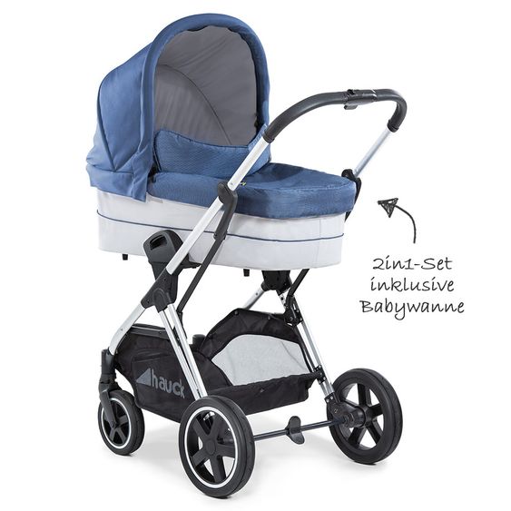 Hauck Kombi-Kinderwagen Mars Duoset inkl. Sportwagen & Babywanne für Neugeborene - Denim Silver