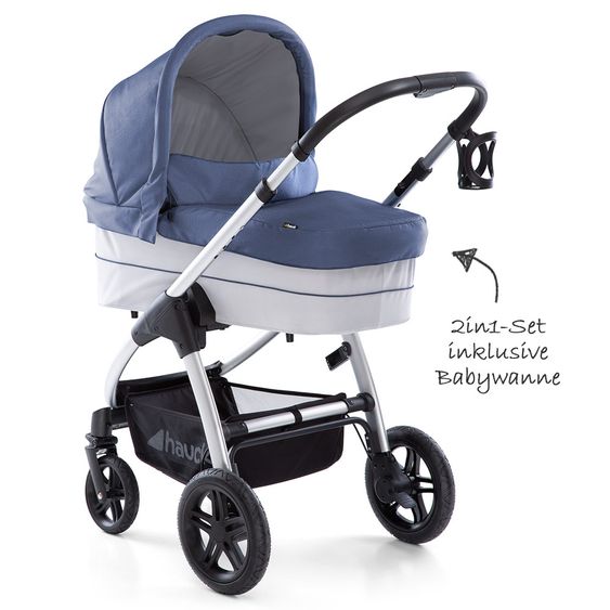 Hauck Kombi-Kinderwagen Saturn R Duoset - inkl. Sportwagen und Babywanne für Neugeborene - Denim Silver