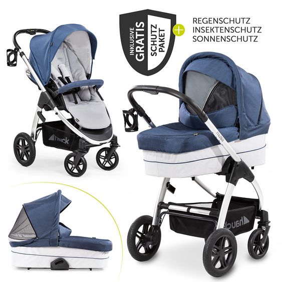 Hauck Combi stroller Saturn R Duoset (stroller and carrycot) - incl. XXL accessories package - Denim Silver
