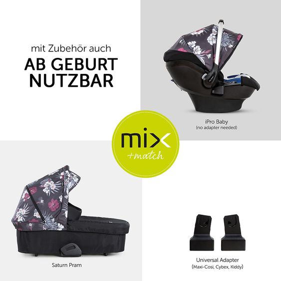 Hauck Combi stroller Saturn R Duoset (stroller and carrycot) - incl. XXL accessories package - Wild Blooms Black