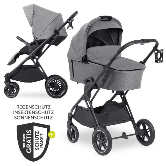 Hauck Kombi-Kinderwagen Vision X Duoset Black (Sportwagen und Babywanne) inkl. XXL Zubehörpaket - Melange Grey