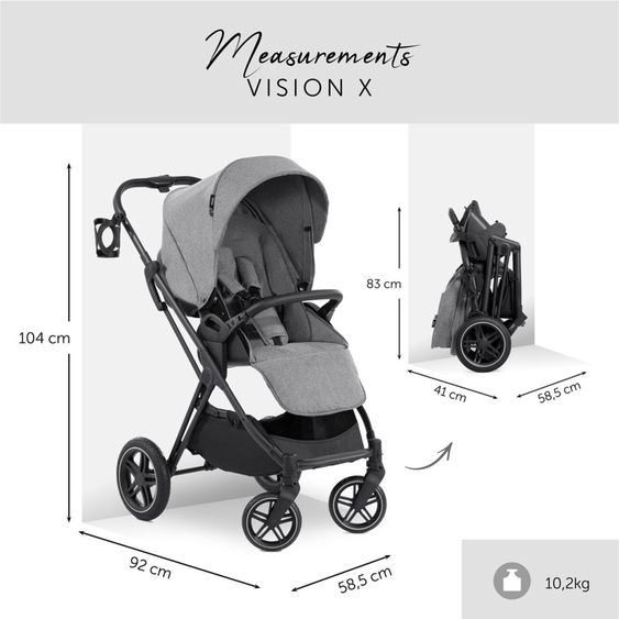 Hauck Kombi-Kinderwagen Vision X Duoset Black (Sportwagen und Babywanne) inkl. XXL Zubehörpaket - Melange Grey