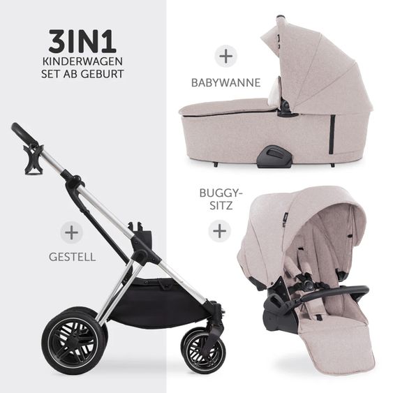 Hauck Kombi-Kinderwagen Vision X Duoset Silver (Sportwagen und Babywanne) inkl. XXL Zubehörpaket - Melange Beige