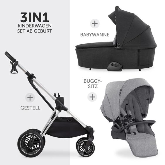 Hauck Passeggino Vision X Duoset Silver (passeggino e navicella) incluso pacchetto accessori XXL - Nero e Grigio Melange