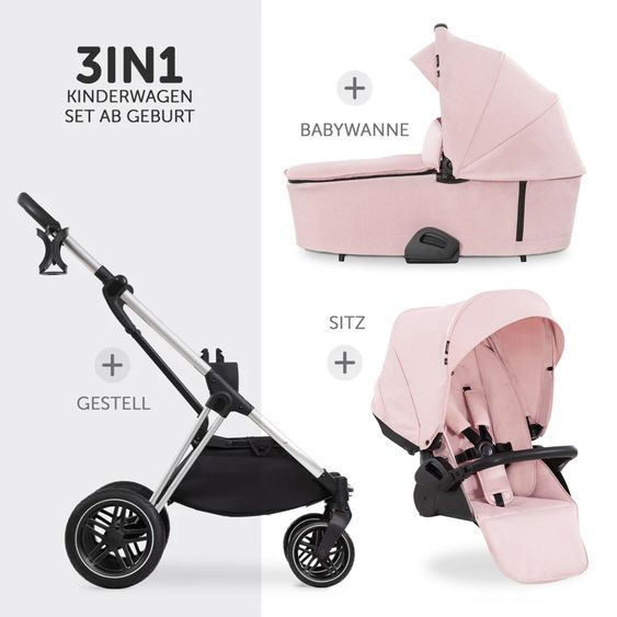 Hauck Kombi-Kinderwagen Vision X Duoset Silver (Sportwagen und Babywanne) inkl. XXL Zubehörpaket - Melange Rose