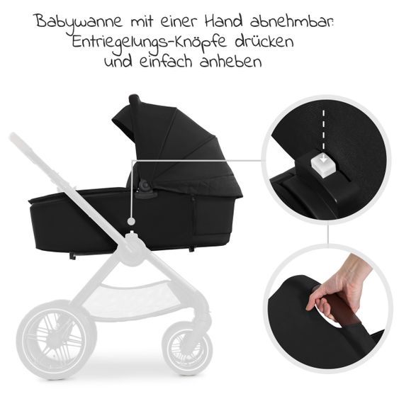 Hauck Kombi-Kinderwagen Walk N Care Air Set (mit Luftreifen) inkl. Babywanne, Sportsitz, Beindecke und Getränkehalter (bis 22kg belastbar) - Black