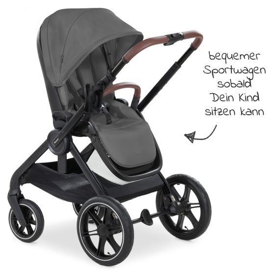 Hauck Kombi-Kinderwagen Walk N Care Air Set (mit Luftreifen) inkl. Babywanne, Sportsitz, Beindecke und Getränkehalter (bis 22kg belastbar) - Dark Grey