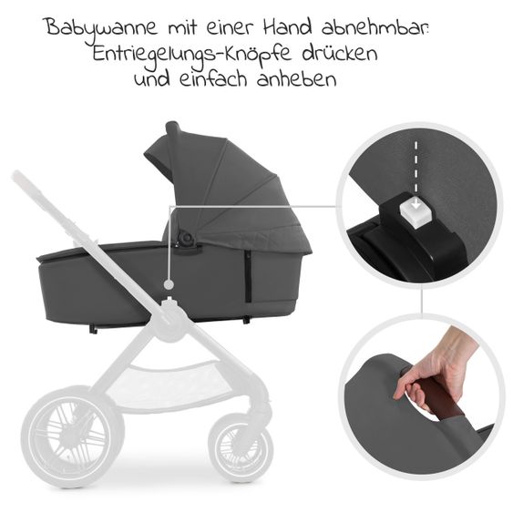 Hauck Kombi-Kinderwagen Walk N Care Air Set (mit Luftreifen) inkl. Babywanne, Sportsitz, Beindecke und Getränkehalter (bis 22kg belastbar) - Dark Grey