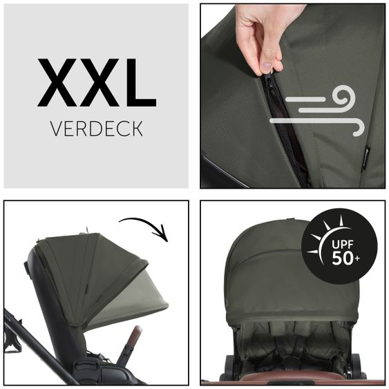 Hauck Kombi-Kinderwagen Walk N Care Set inkl. Babywanne, Sportsitz, Beindecke und XXL Zubehörpaket - Dark Olive