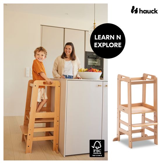 Hauck Learning Tower / Children's Chair for Kitchen Learn N Explore incl. Wooden Peg Puzzle Puzzle N Fit - Natural