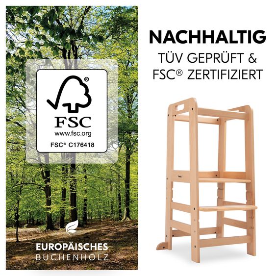 Hauck Learning Tower / Children's Chair for Kitchen Learn N Explore incl. Wooden Peg Puzzle Puzzle N Fit - Natural