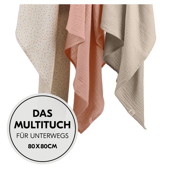 Hauck Mullwindeln / Mulltücher / Spucktücher Cuddle N Clean - 3er Set 80 x 80 cm - Beige Dots / Cork / Beige