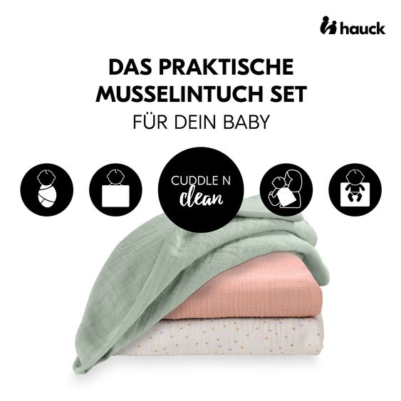 Hauck Muslin diapers / muslin cloths / burp cloths Cuddle N Clean - Set of 3 80 x 80 cm - Sage / Beige Dots / Cork