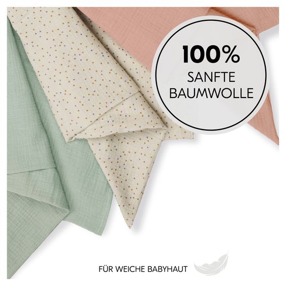 Hauck Mullwindeln / Mulltücher / Spucktücher Cuddle N Clean - 3er Set 80 x 80 cm - Sage / Beige Dots / Cork