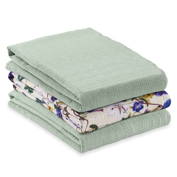 Hauck Mullwindeln / Mulltücher / Spucktücher Cuddle N Clean - 3er Set 80 x 80 cm - Sage / Beige / Floral