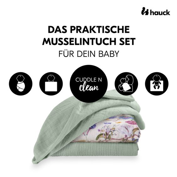 Hauck Mullwindeln / Mulltücher / Spucktücher Cuddle N Clean - 3er Set 80 x 80 cm - Sage / Beige / Floral