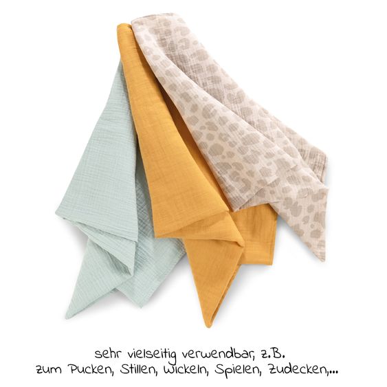 Hauck Musselin Multituch, Spucktuch, Mullwindel, Pucktuch Cuddle N Clean 3er Set 80 x 80 cm - Honey / Mint / Leo Natural