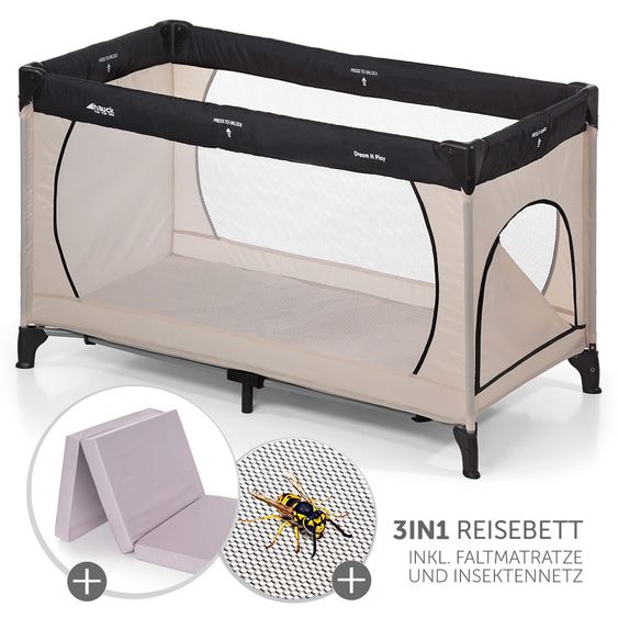 Hauck Reisebett Dream'n Play Plus - Sparset inkl. Matratze und Insektenschutz - Beige Grey