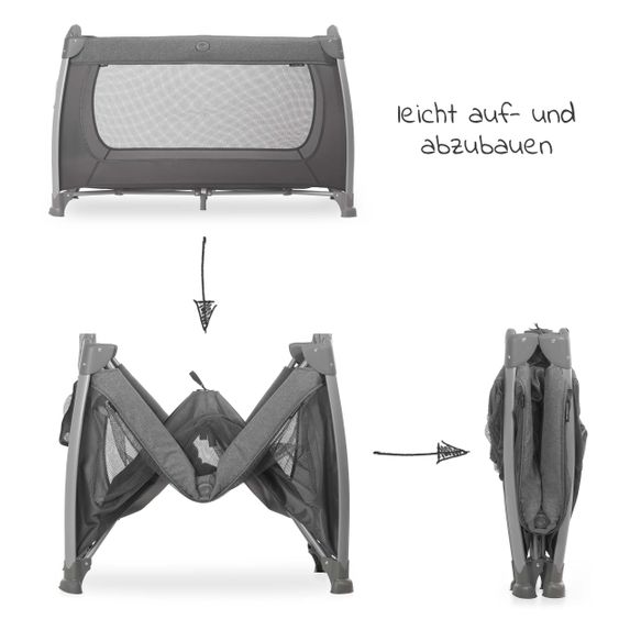 Hauck Play'n Relax Center travel cot with changing mat, height adjustable and side entry - Melange Charcoal