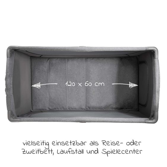 Hauck Play'n Relax Center travel cot with changing mat, height adjustable and side entry - Melange Charcoal