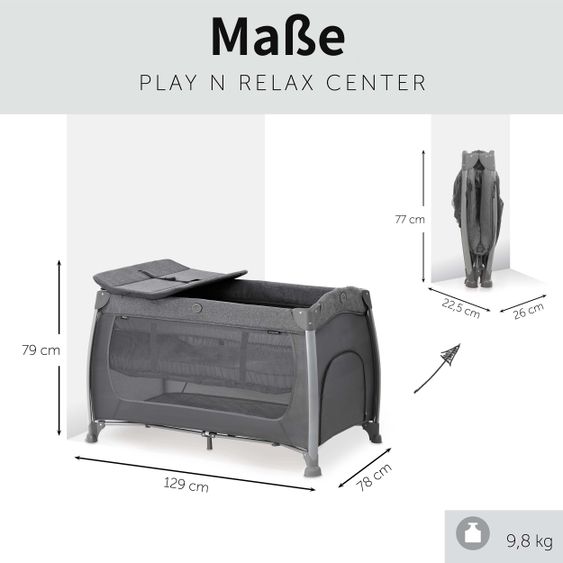 Hauck Play'n Relax Center travel cot with changing mat, height adjustable and side entry - Melange Charcoal
