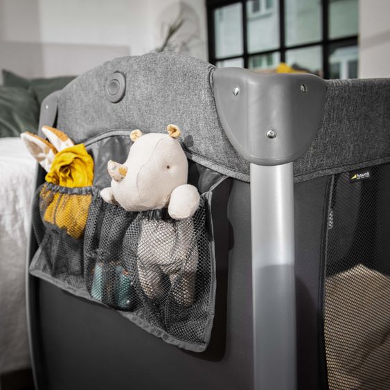 Hauck Play'n Relax Center travel cot with changing mat, height adjustable and side entry - Melange Charcoal