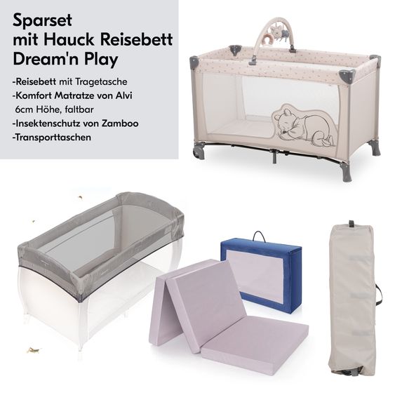 Hauck Reisebett Set Dream`n Play Go inkl. Alvi Reisebett-Matratze & Insektenschutz - Disney - Pooh Rainbow Beige