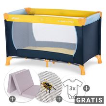 Set lettino da viaggio Dream'n Play con materasso per lettino da viaggio Alvi e protezione dagli insetti + body fasciatoio GRATUITO in confezione da 3 pezzi - Giallo Blu Navy