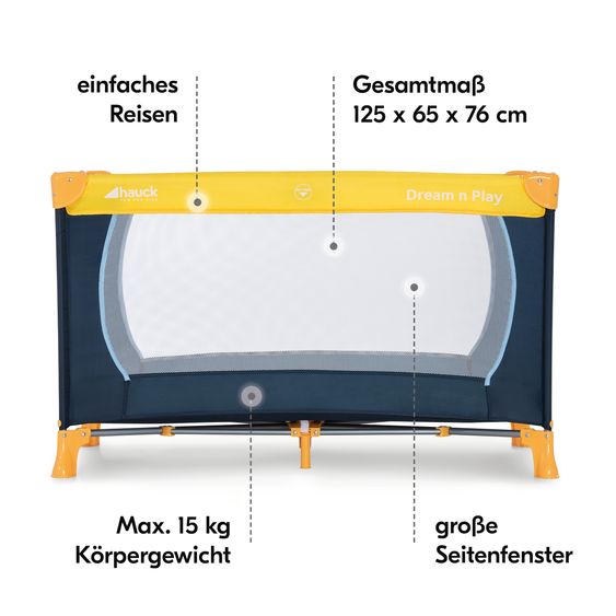 Hauck Dream'n Play travel cot set incl. Alvi travel cot mattress & insect screen - Yellow Blue Navy