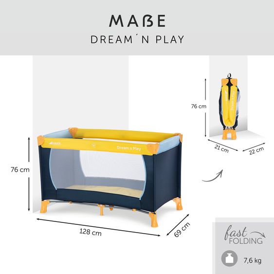 Hauck Dream'n Play travel cot set incl. Alvi travel cot mattress & insect screen - Yellow Blue Navy