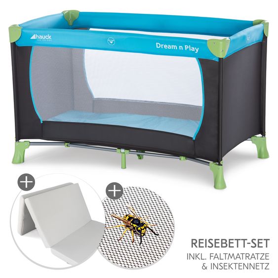 Hauck Travel Cot Set Dream N Play incl. Comfort Mattress & Insect Protection - Waterblue