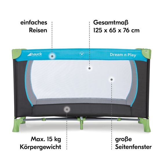 Hauck Travel Cot Set Dream N Play incl. Comfort Mattress & Insect Protection - Waterblue