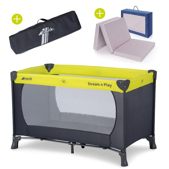Hauck Reisebett Set Dream'n Play - mit Alvi Reisebett Matratze Komfort (schadstoffgeprüft, faltbar, 6 cm Höhe) - Green Grey