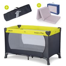 Set lettino da viaggio Dream'n Play - con materasso per lettino da viaggio Alvi comfort (testato per sostanze nocive, pieghevole, altezza 6 cm) - Verde Grigio
