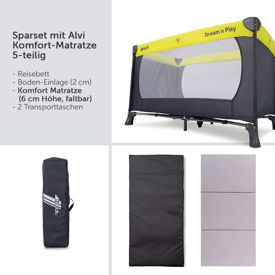 Hauck Reisebett Set Dream'n Play - mit Alvi Reisebett Matratze Komfort (schadstoffgeprüft, faltbar, 6 cm Höhe) - Green Grey