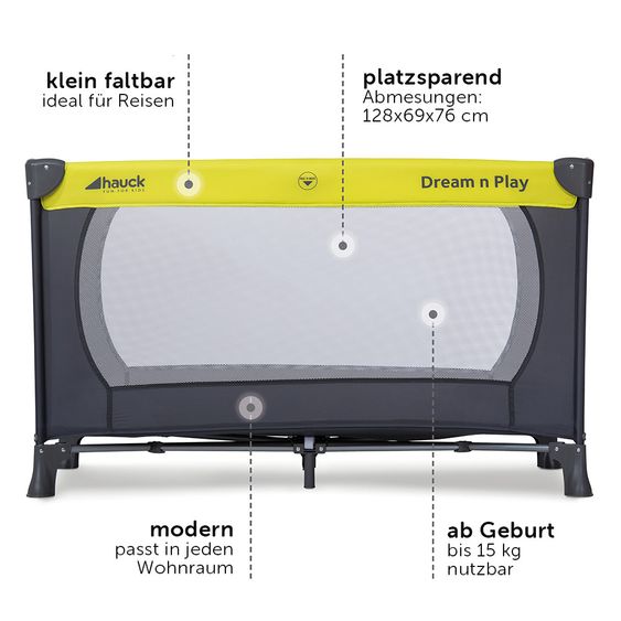 Hauck Reisebett Set Dream'n Play - mit Alvi Reisebett Matratze Komfort (schadstoffgeprüft, faltbar, 6 cm Höhe) - Green Grey