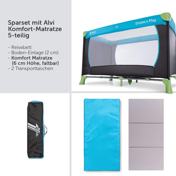 Hauck Reisebett Set Dream'n Play - mit Alvi Reisebett Matratze Komfort (schadstoffgeprüft, faltbar, 6 cm Höhe) - Waterblue