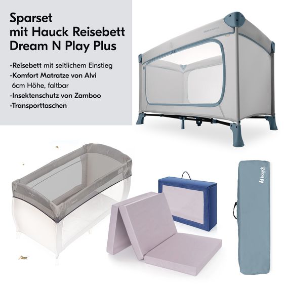 Hauck Reisebett Set Dream N Play Plus inkl. Alvi Reisebett-Matratze & Insektenschutz - Dusty Blue