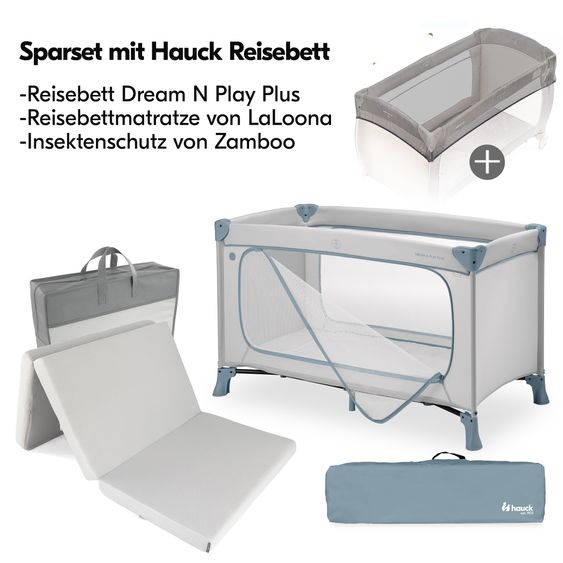 Hauck Reisebett Set Dream N Play Plus inkl. Komfort Matratze & Insektenschutz - Dusty Blue
