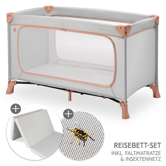 Hauck Reisebett Set Dream N Play Plus inkl. Komfort Matratze & Insektenschutz - Dusty Cork