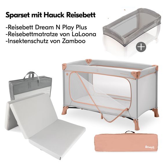 Hauck Reisebett Set Dream N Play Plus inkl. Komfort Matratze & Insektenschutz - Dusty Cork