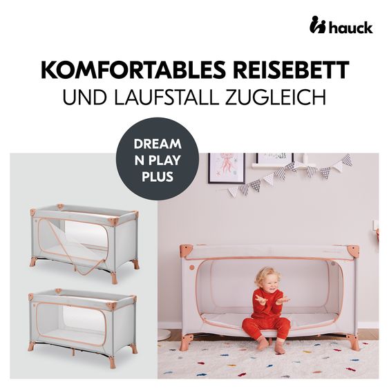Hauck Reisebett Set Dream N Play Plus inkl. Komfort Matratze & Insektenschutz - Dusty Cork