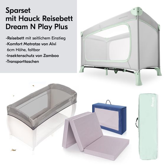 Hauck Reisebett Set Dream N Play Plus inkl. Alvi Reisebett-Matratze & Insektenschutz - Dusty Mint