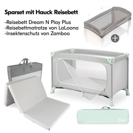 Hauck Set Lettino da Viaggio Dream N Play Plus incl. Materasso Comfort & Protezione Insetti - Dusty Mint