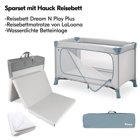 Hauck Reisebett Set Dream N Play Plus inkl. Komfort Matratze & wasserdichte Betteinlage - Dusty Blue