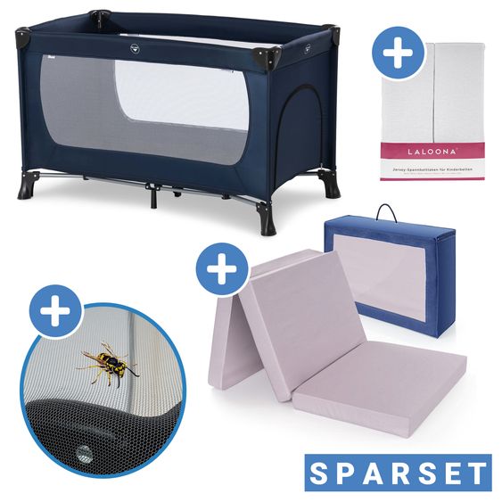 Hauck Reisebett Set Dream'n Play Plus inkl. Reisebett Matratze + 2 Spannbettlaken + Insektenschutz - Navy